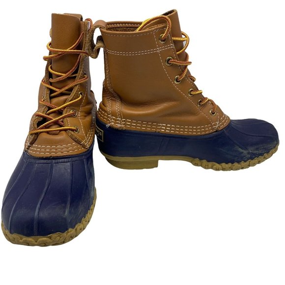LL BEAN Women’s 8W Navy Brown Leather Classic 8 Inch Unlined Duck Bean Boots - Picture 1 of 10